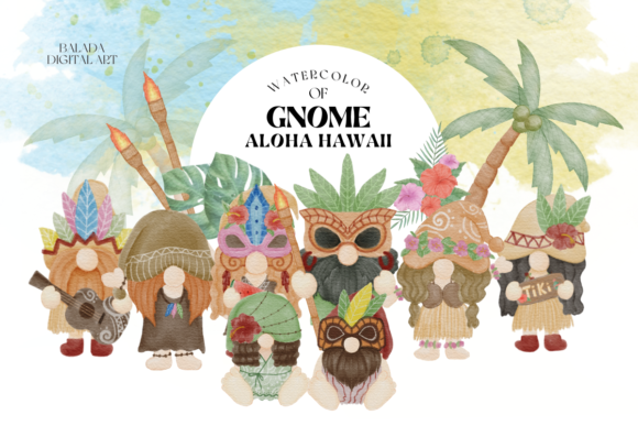 Hawaiian Gnome Watercolor PNGs for Summer Designs