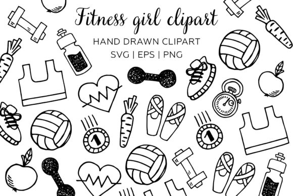 Sport Girl Doodle Clipart & Fitness Tools
